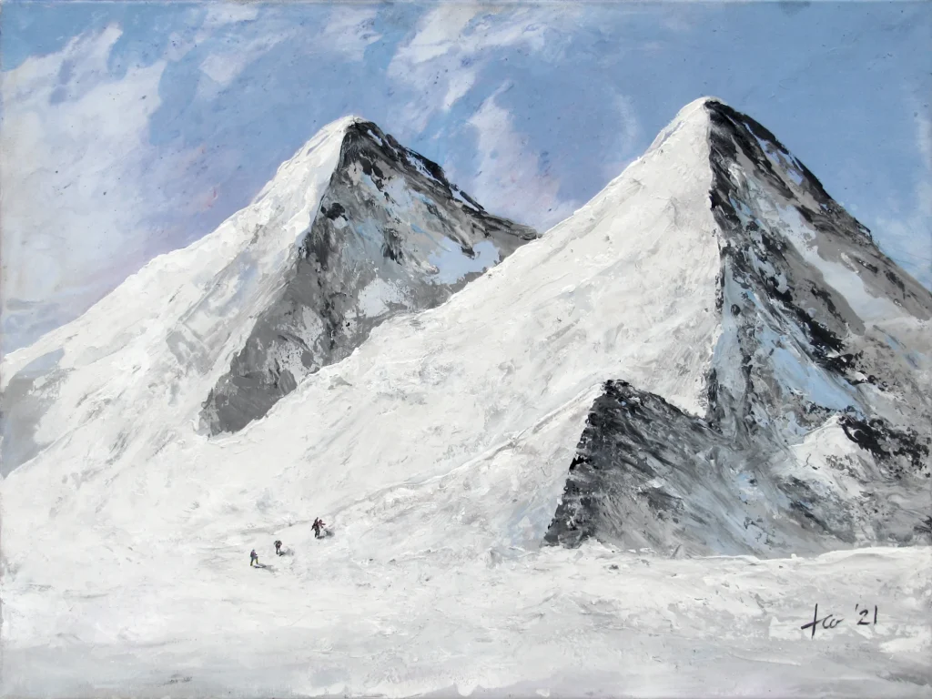 Snow-capped mountain peaks against a vivid blue sky with climbers making their way across the snowy expanse, highlighting the grandeur of nature and human resilience.