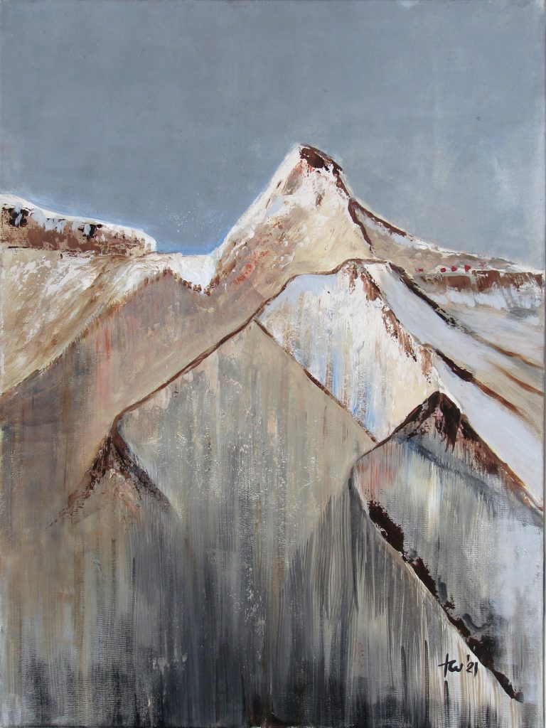 Landscape painting inspired by the Himalayas, depicting towering mountain peaks with ethereal blue and rusty hues, creating a sense of serenity and grandeur.