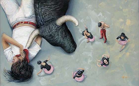 Painting of black bull Civilon with horns stands beside several ballet dancers in black tops.