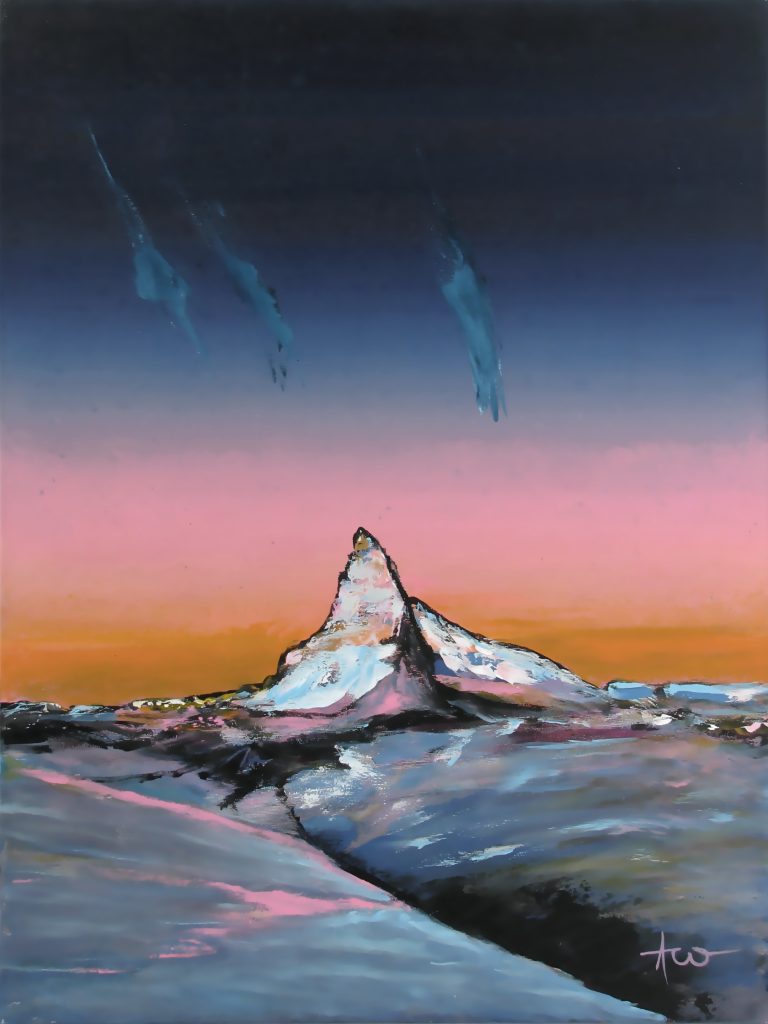 Futuristic landscape painting of mountain peaks shrouded in a surreal purple haze, blending science fiction elements with natural scenery