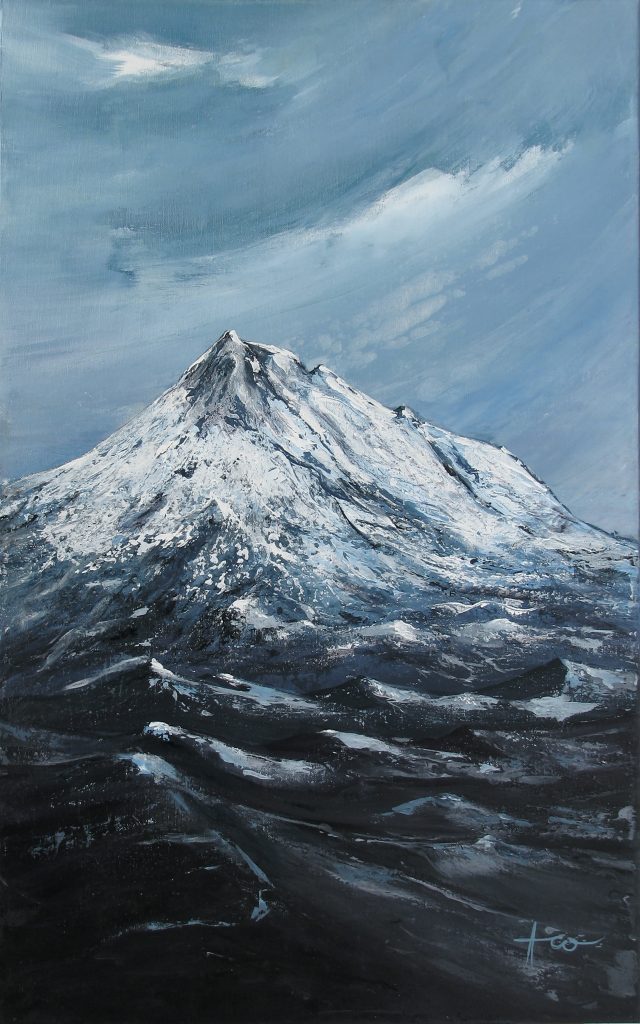 Dynamic landscape painting depicting a powerful snowstorm over a rugged mountain range with swirling winds and snow