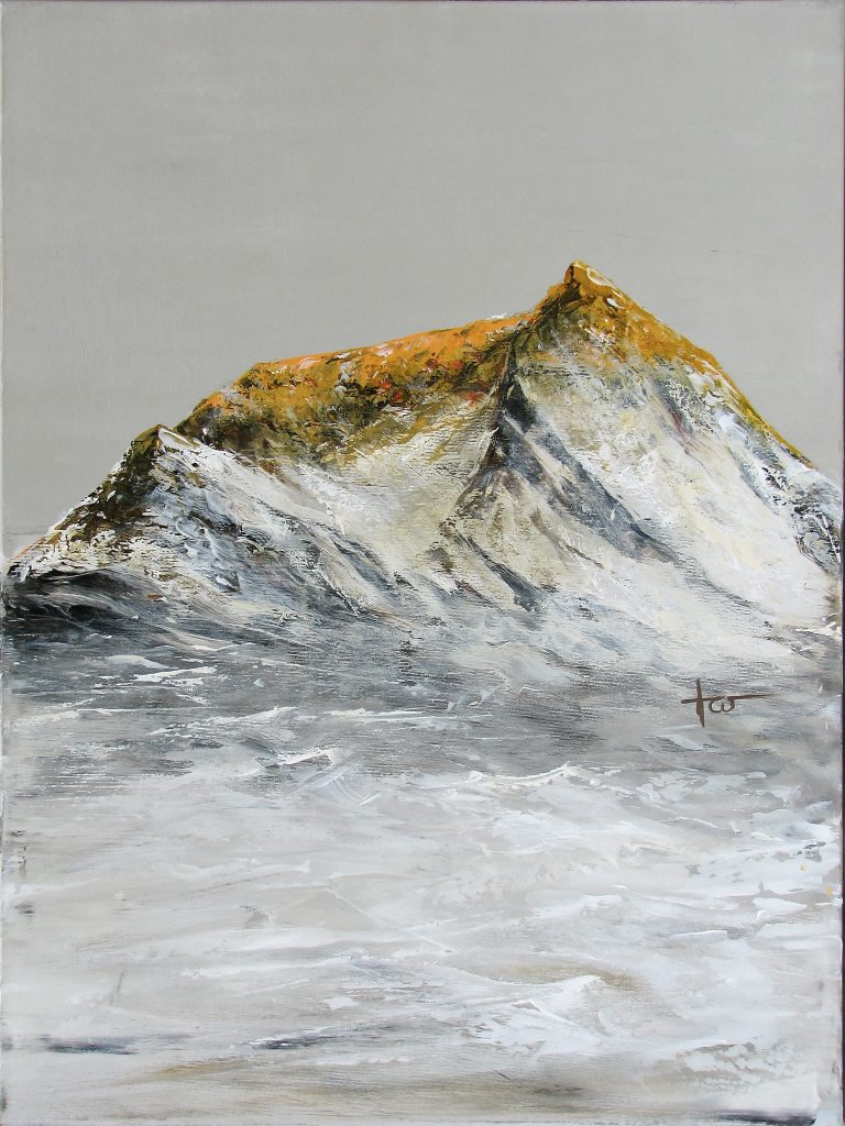 Landscape painting showing a mountain peak bathed in golden light at sunrise, with warm hues creating a radiant effect.