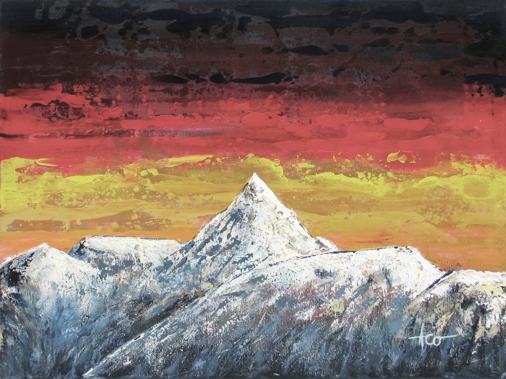 Unconventional landscape painting contrasting a vibrant red, fiery sky with the stark, cold mountain peaks below.