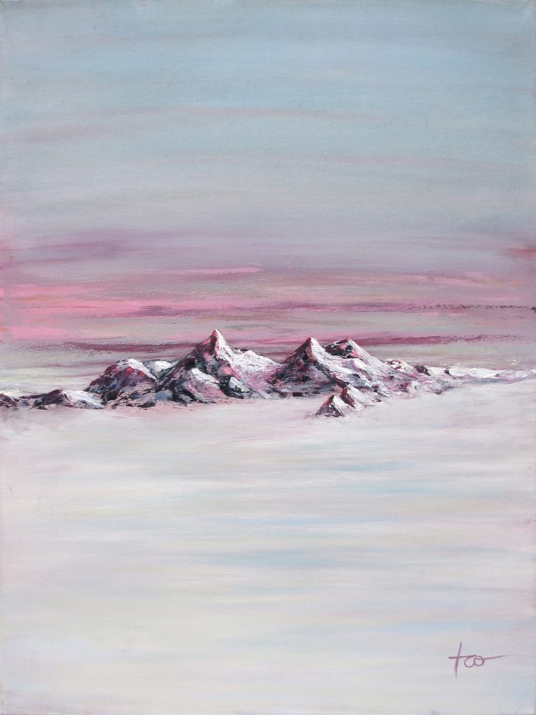 Serene painting of snow-capped mountain peaks rising above a sea of clouds, enveloped in a gentle pink haze, creating a tranquil and contemplative mood