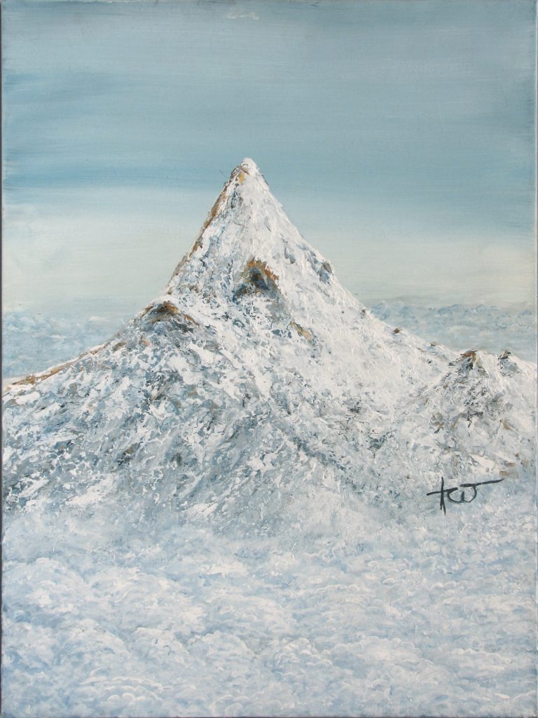 Painting of a snow-capped mountain peak rising above a sea of clouds, evoking serenity and tranquility