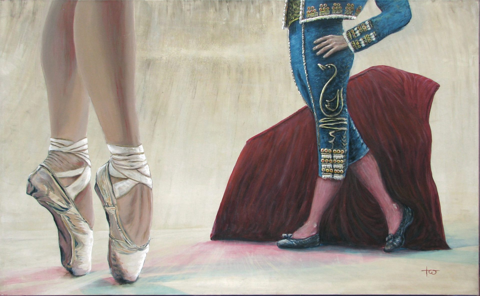 Contemporary artwork juxtaposing a ballet dancer's pointe shoes with a matador's traditional costume and cape, highlighting the contrast between two cultural art forms