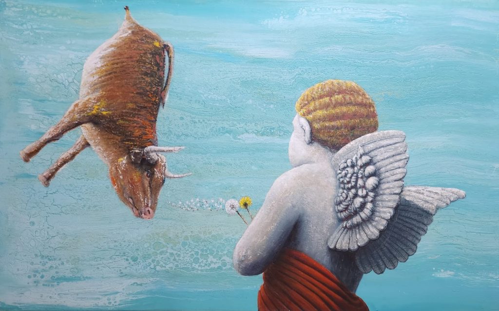 Sculpture of an angel made of stone in the vibrant red cloak that the angel is wrapped in draws the eye with its intense warmth, contrasting the blue background and the yellow shades of the angel’s hair and the dandelions in his hand. Angel looking helplessly at a dead bull hanged on chain against a turquoise sky.