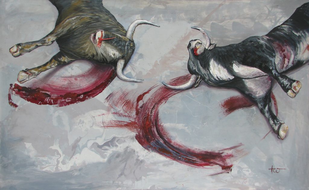 Two lifeless bull carcasses being slowly dragged across a gray floor of slaughterhouse, their blood leaving crimson bloodfall