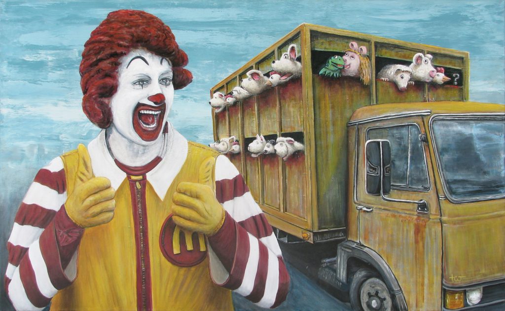 A surreal painting titled 'Casual Cruelty' from the series 'Civilón – The Bull Who Ate Flowers' depicts a character resembling Ronald McDonald, the famous fast-food clown mascot, laughing and giving a thumbs-up with both hands. He stands in front of a yellow truck carrying several animal heads, including pigs and a frog resembling Kermit the Frog, poking out of compartments. The background features a sky with shades of blue and white. The vibrant yellows and reds of the clown's outfit contrast with the whimsical and unsettling scene, highlighting the grim reality faced by animals