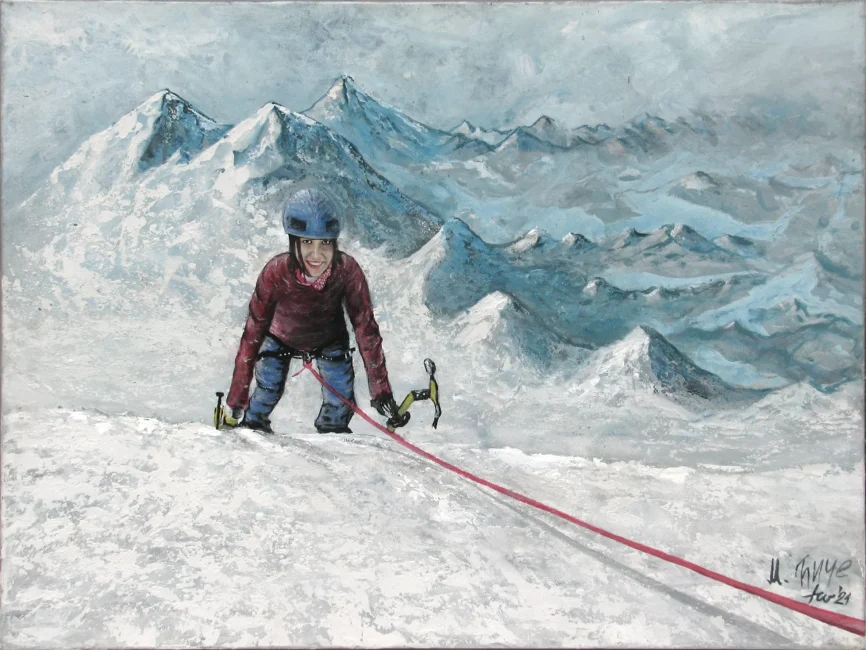 Climber in a red jacket and blue helmet ascending a snowy mountain, surrounded by a range of snow-capped peaks under a vivid blue sky, depicting resilience and adventure.