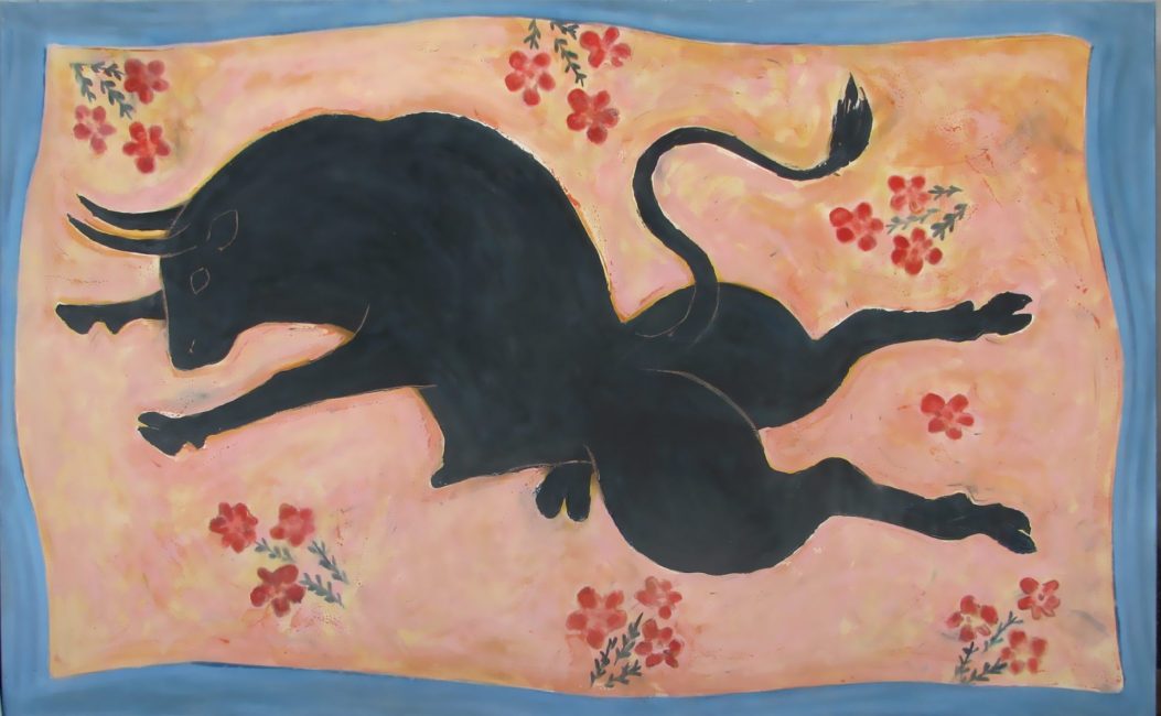 Artistic painting of a peaceful black bull silhouette dancing among scattered red flowers with peach-colored background